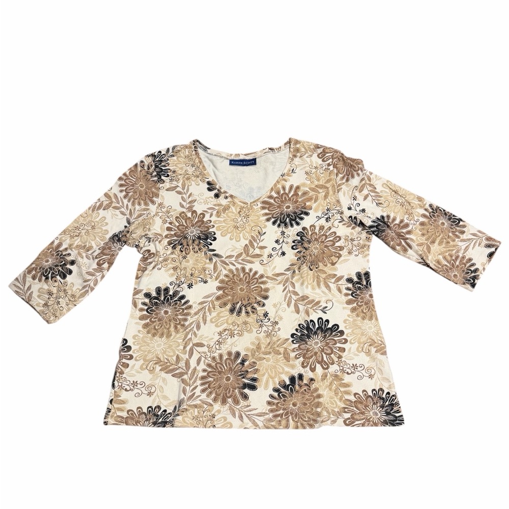 Karen Scott Bohemian Floral Print V-Neck Blouse - Size L - Like New